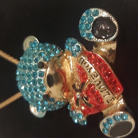 Betsey Johnson Gold Toned Blue Rhinestone Teddy Bear Red Heart Pendant Necklace - Picture 6 of 17